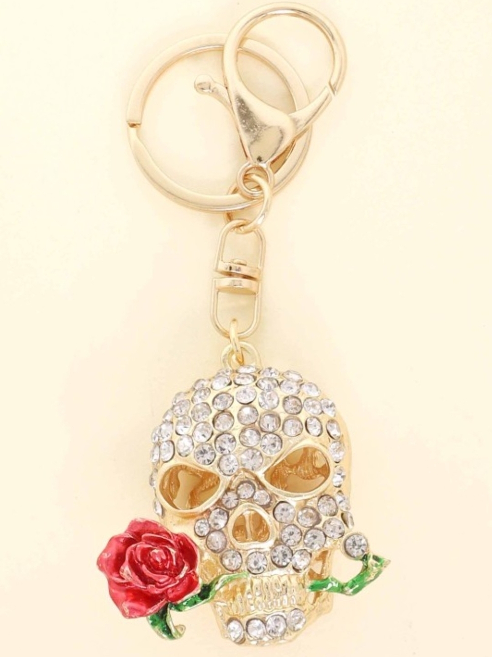 Keychain - Gold Crystal Skull with Red Rose